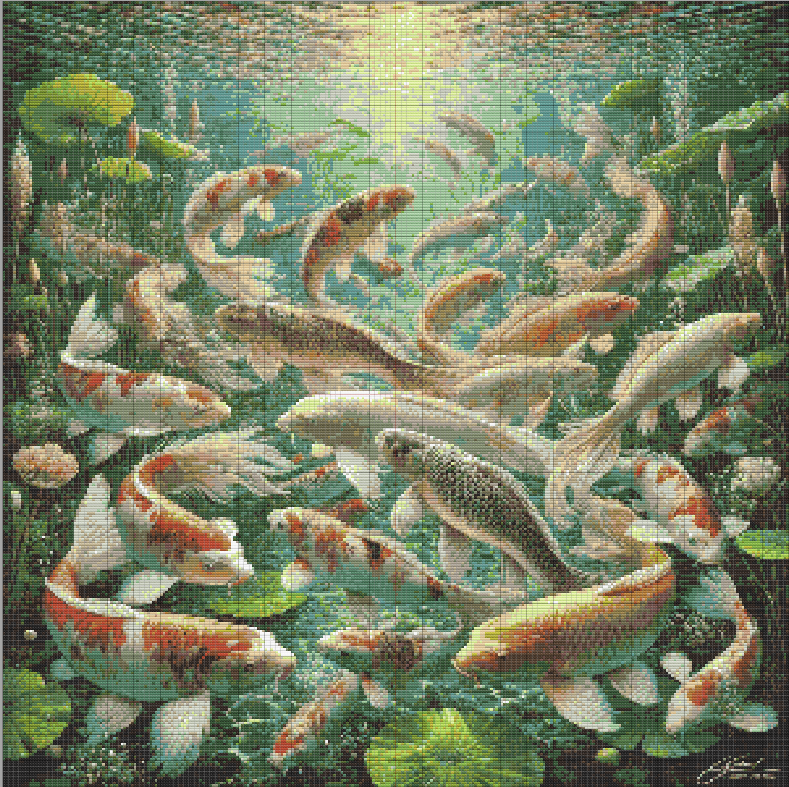 Advanced cross stitch pattern featuring koi fish swimming in a lush underwater garden with lotus flowers and sunlight reflections.