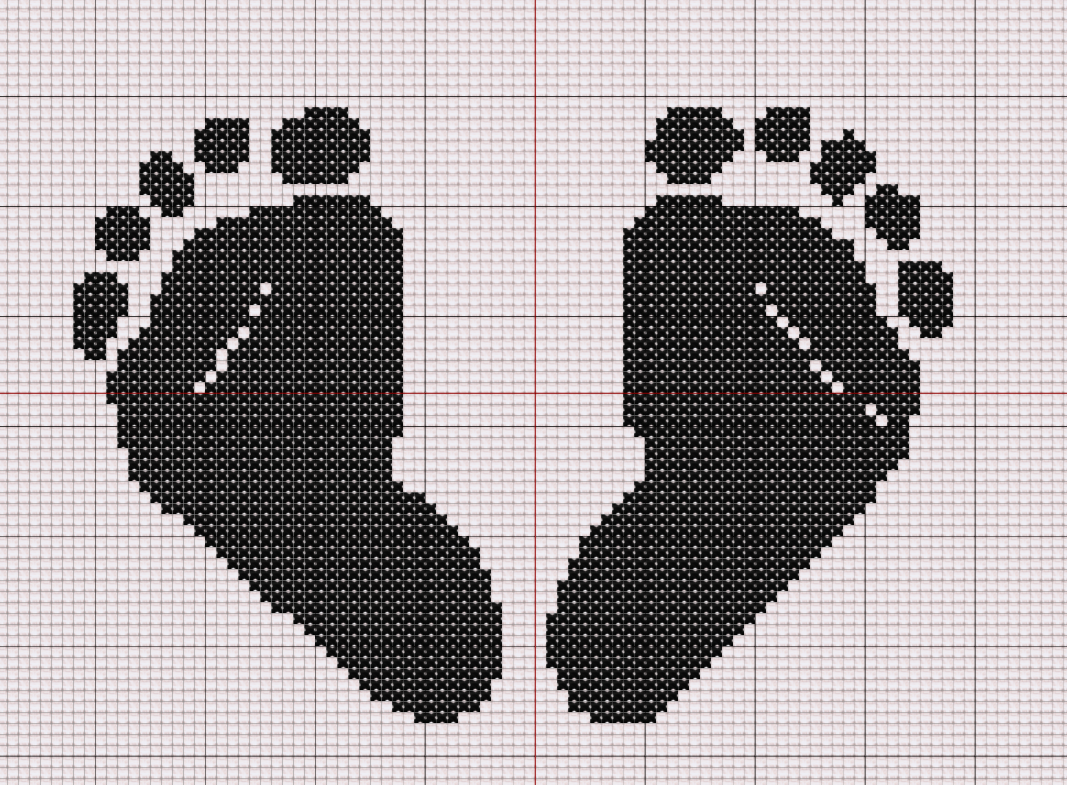 Beginner-friendly cross stitch pattern featuring two baby footprints in a bold black silhouette, ideal for birth gifts and nursery wall art.