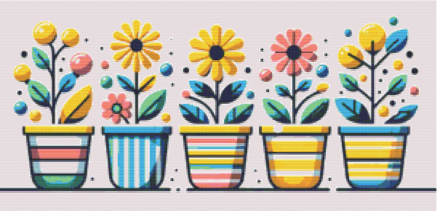 Colorful flower pots filled with whimsical blooms in a bright free cross stitch pattern. Ideal for spring décor or creative home accessories.