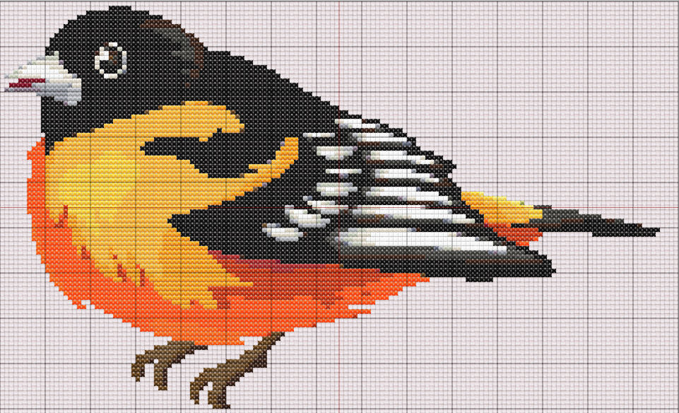 Colorful bird free cross stitch pattern featuring a black, yellow, and orange songbird with realistic feather detail and vibrant tones.
