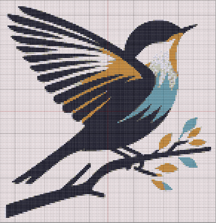 Minimalist bird cross stitch pattern featuring a bird mid-flight on a stylized branch, with blue, gold, and neutral tones on white Aida fabric.