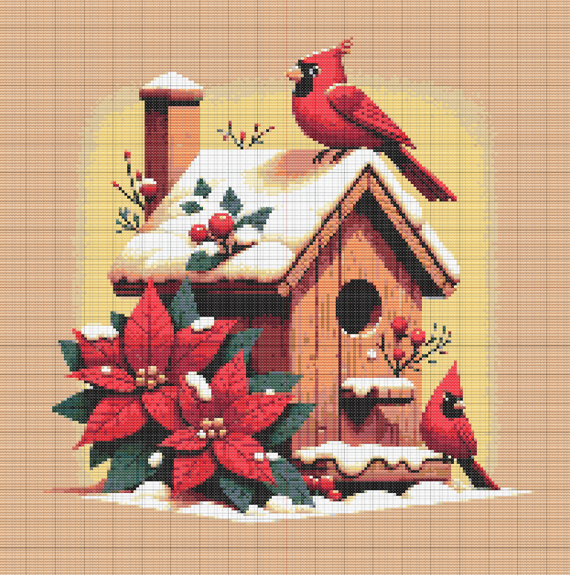Free cross stitch pattern of a snowy birdhouse with two red cardinals, poinsettias, holly, and snowy accents in a festive winter scene.