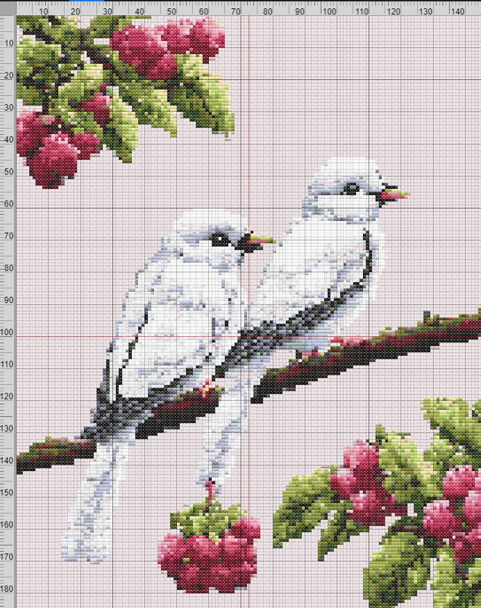 Elegant free cross stitch pattern featuring two white birds on a berry-laden branch with detailed leaves and soft pink background.