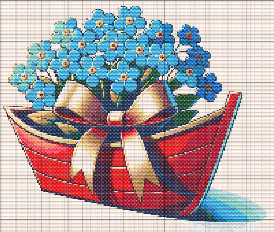 Free cross stitch pattern showing bright blue forget-me-not flowers in a red boat with a large golden ribbon, detailed green leaves, and a rustic look.