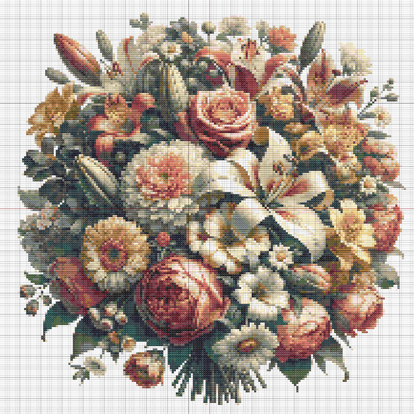 Elegant free cross stitch pattern featuring a circular bouquet of lilies, roses, sunflowers, chrysanthemums, and dark green leaves with detailed shading.