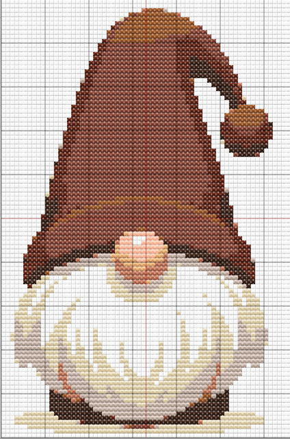 Free cross stitch pattern showing a cute gnome with a brown curved hat, peach nose, flowing cream and beige beard, and tiny peeking feet.