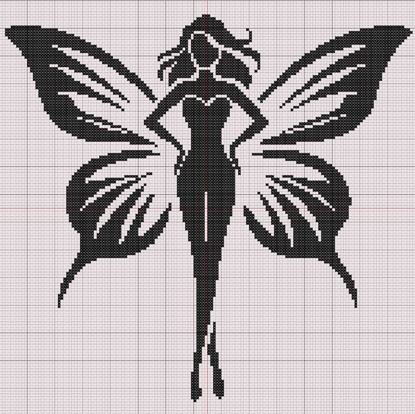 Silhouette of a butterfly-winged woman in bold black thread with elegant wings, perfect for fantasy-themed or empowerment cross stitch projects.