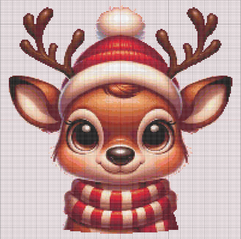 Cross stitch pattern featuring a cute brown reindeer in winter scarf and hat, ideal for Christmas and holiday crafts.