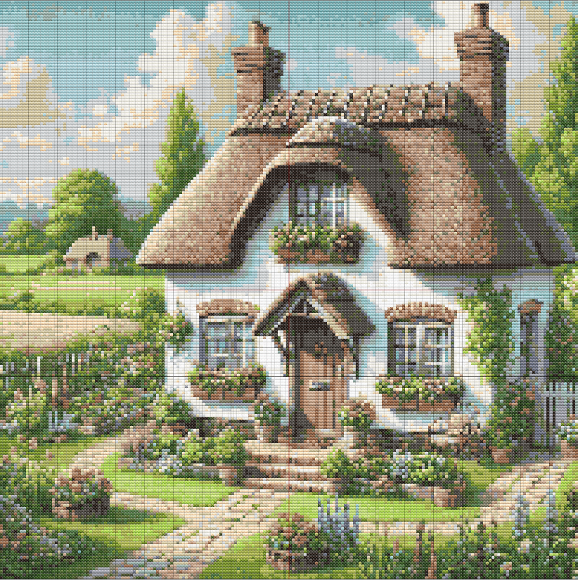 Cross stitch pattern of an English cottage surrounded by blooming flowers, cobblestone paths, and lush greenery in a tranquil garden setting.