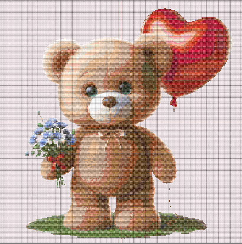 Cross stitch pattern of a cute teddy bear with a red balloon and blue flowers on a grassy patch. Perfect for Valentine’s Day or romantic decor.