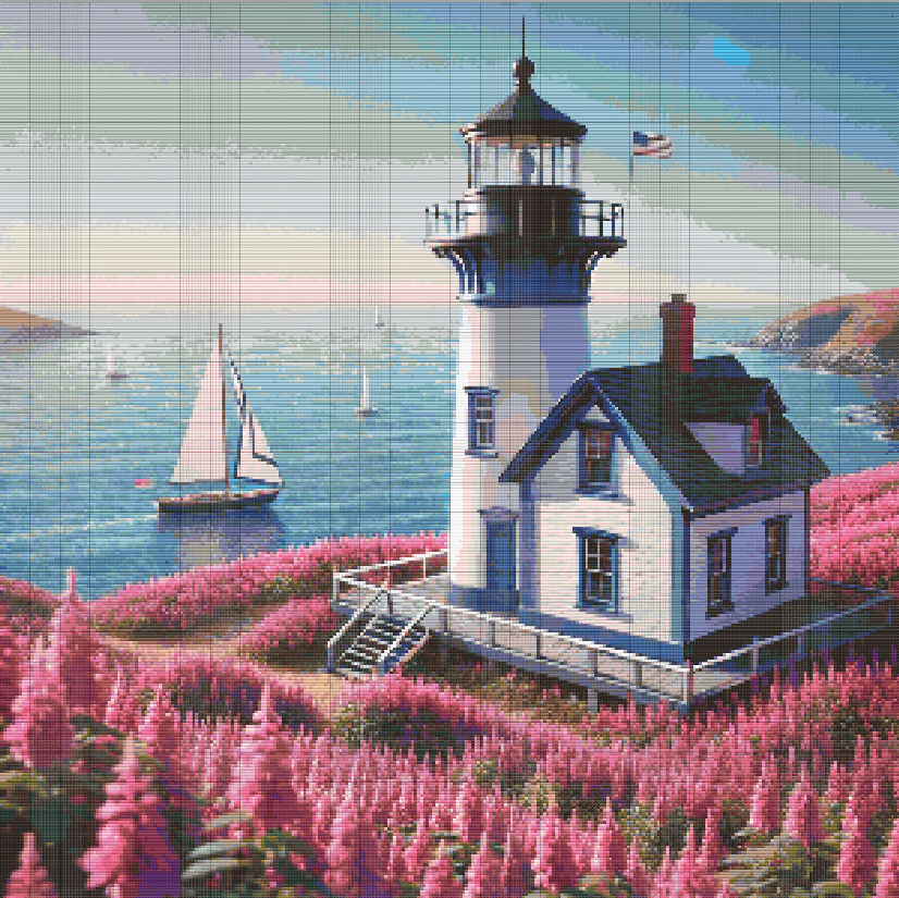 Detailed cross stitch pattern of a white lighthouse surrounded by pink flowers, calm ocean, and sailboats beneath a pastel coastal sky.