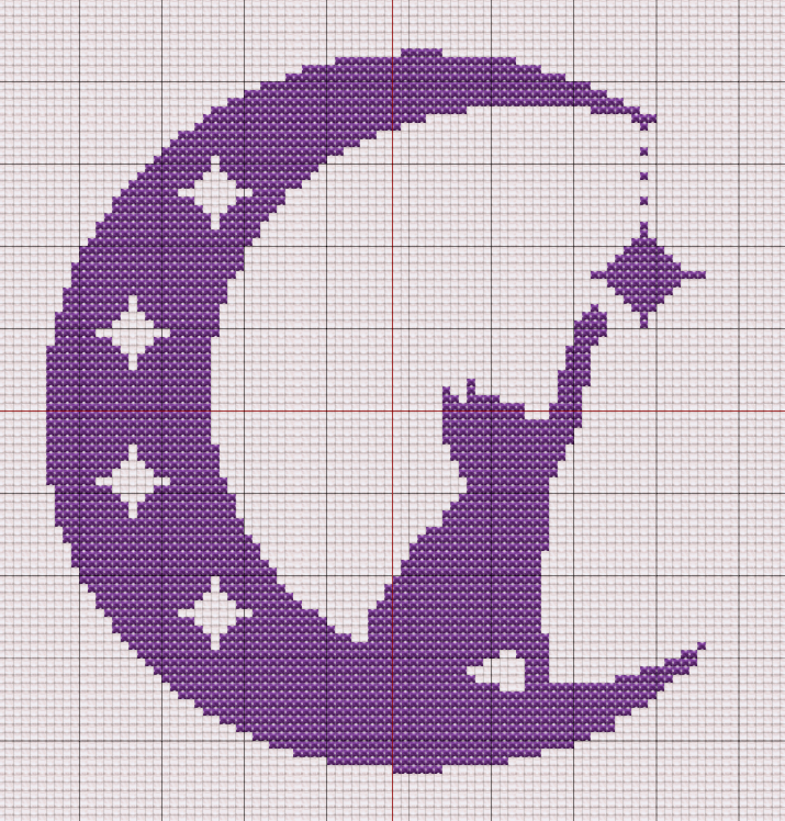 A silhouette-style free cross stitch pattern of a cat sitting on a crescent moon, stitched in violet tones with star accents.