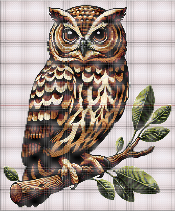 Realistic owl cross stitch pattern perched on a branch with green leaves, designed in earthy tones with fine feather detail.