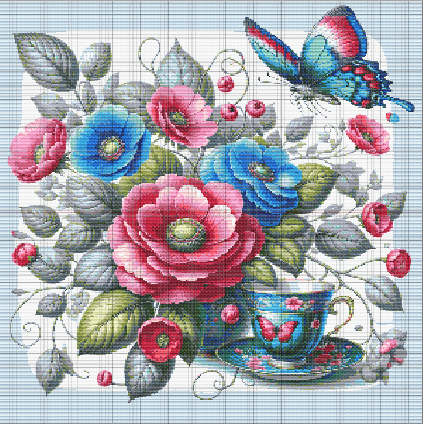 A detailed still-life cross stitch pattern of flowers, a teacup, and butterfly in flight, rich in color and elegance.