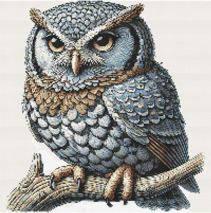 Detailed cross stitch pattern of a lifelike owl on a branch with amber eyes and rich brown and blue tones, perfect for woodland-themed decor.