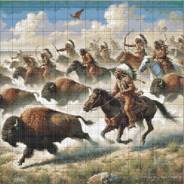 Detailed cross stitch of Native American warriors chasing buffalo on horseback, with bows and spears raised, in rich earthy colors.