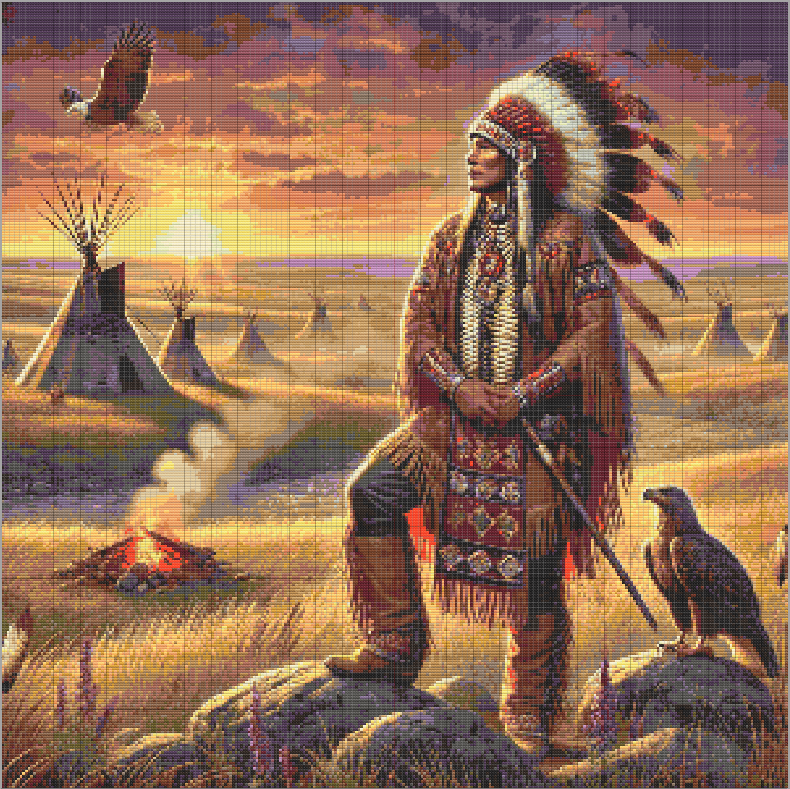 Native American man in regalia with eagle at sunset, standing on a cliff, surrounded by glowing plains, tipis, and a twilight sky.