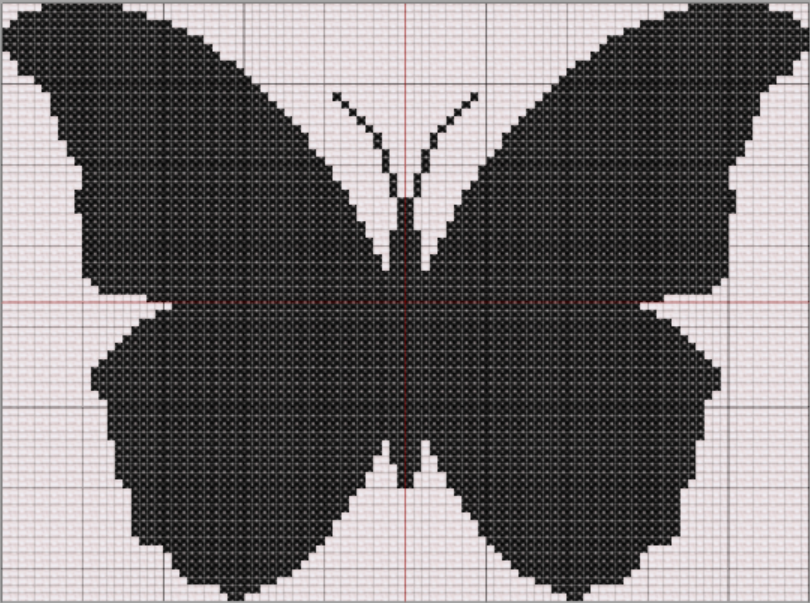 Black butterfly silhouette cross stitch pattern on light Aida background, 100x74 stitches, beginner-friendly design.
