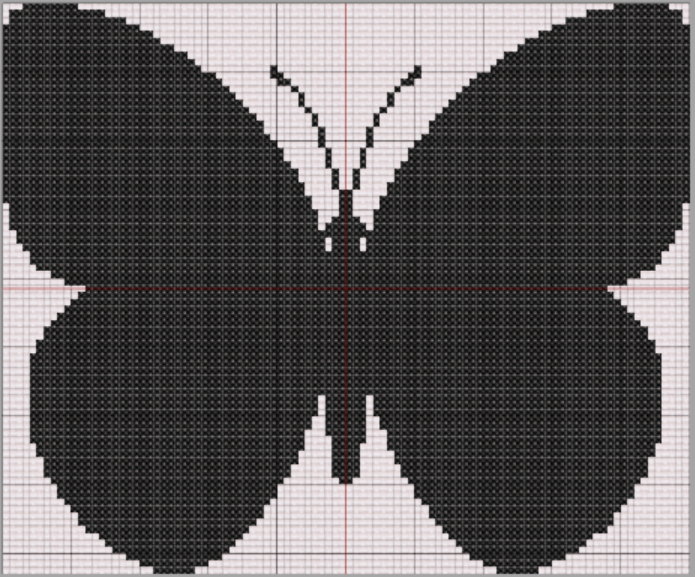 Modern black butterfly silhouette cross stitch pattern, 100x87 stitches, stitched in DMC 310 on 14-count Aida. Clean, symmetrical layout.