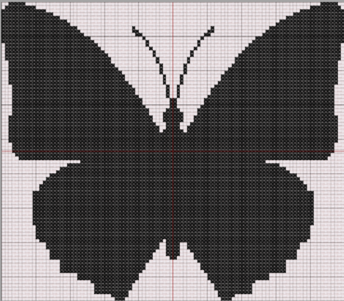 Black butterfly silhouette cross stitch pattern with rounded wings, scalloped edges, and curved antennae. 100x87 stitches, 14-count Aida.