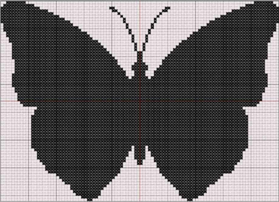 Symmetrical black butterfly silhouette on white Aida cloth. 100x72 stitches. Simple one-color cross stitch design with scalloped wings.