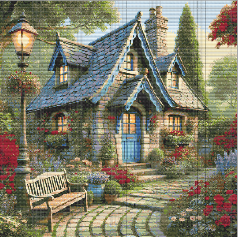 Free cross stitch design of a cozy stone cottage with blue gable roof, floral garden, glowing windows, bench, and vintage streetlamp.