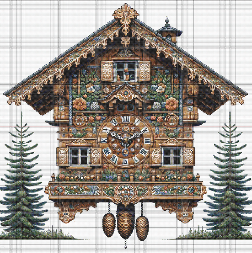 Free cross stitch pattern of an Alpine Black Forest cuckoo clock surrounded by pine trees, floral details, and wooden textures.