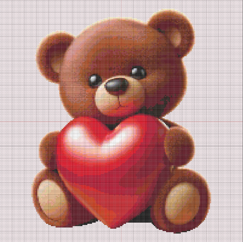 Free cross stitch pattern of a soft brown teddy bear holding a red heart, perfect for Valentine’s Day or baby gifts.