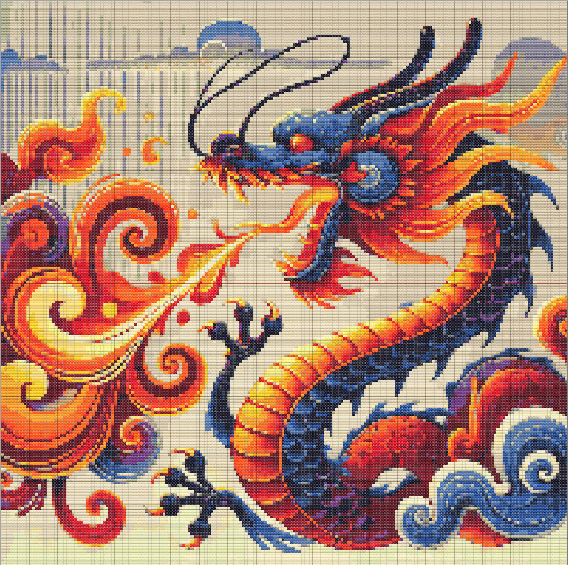 Free cross stitch pattern of an Eastern dragon in blue and gold, exhaling swirling flames in red and orange on a smoky background.