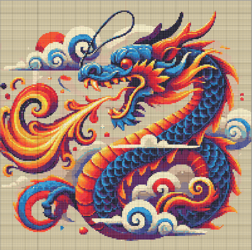 Free cross stitch pattern of a colorful Eastern dragon coiled in motion, breathing fire, with swirling clouds and dramatic gradients.
