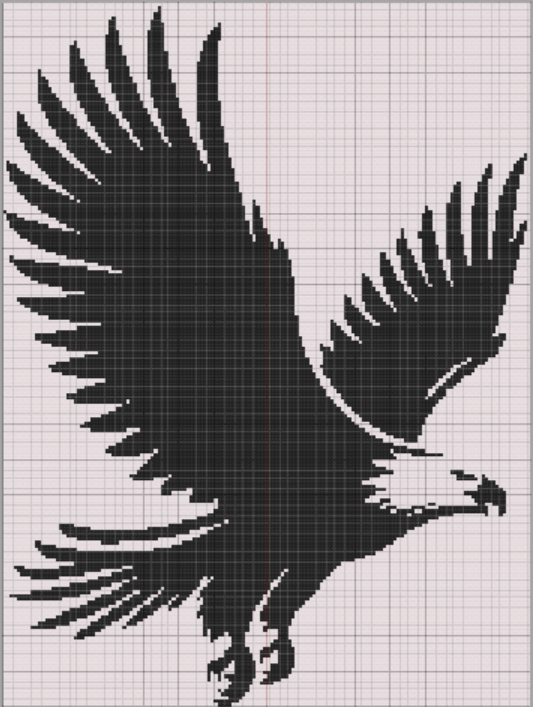 Silhouette of an eagle in flight with one wing raised. Cross stitch pattern stitched in black on light fabric. Size: 150x200 stitches.