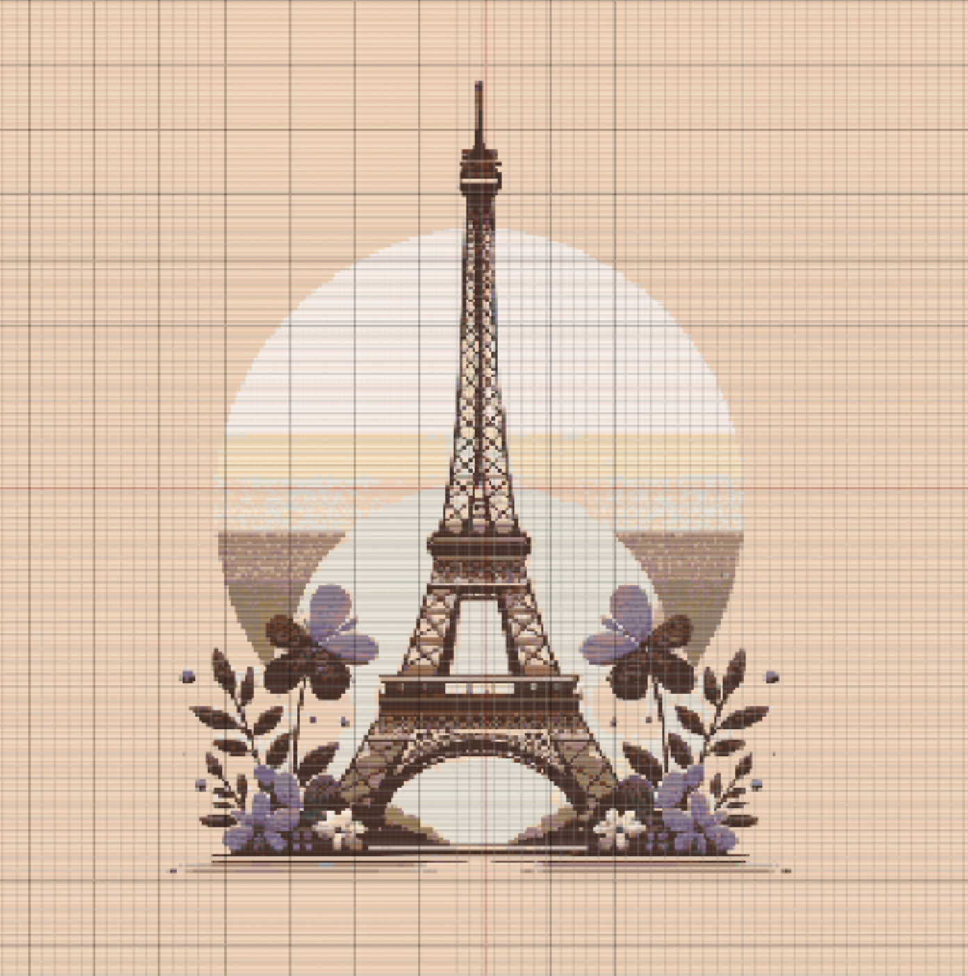 Free cross stitch pattern of Eiffel Tower at sunset, with warm tones, butterflies, and floral accents in lavender and pink.