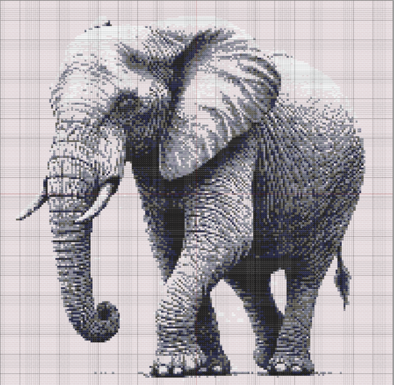 Free cross stitch pattern of a grayscale elephant in motion, with detailed shading and cross-hatch texture, ideal for realistic wildlife projects.