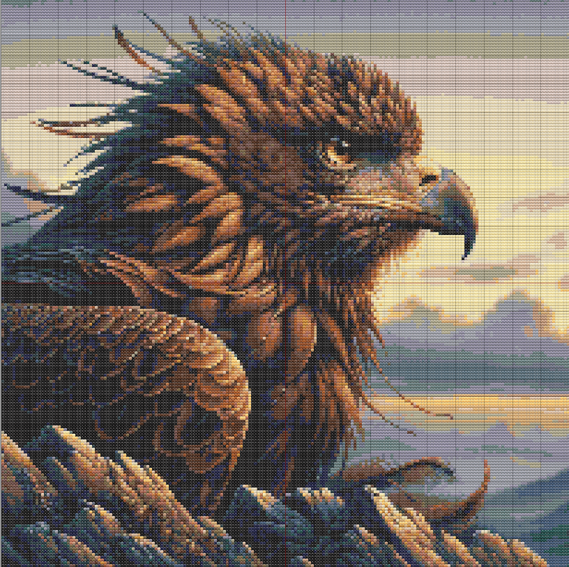 Cross stitch of an eagle perched on rocky ground against a glowing sunset sky with peach, lavender, and blue tones.