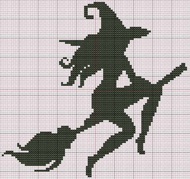 Free cross stitch pattern of a silhouette witch riding a broomstick. Minimalist and monochrome Halloween design with flowing hair and sharp detail.