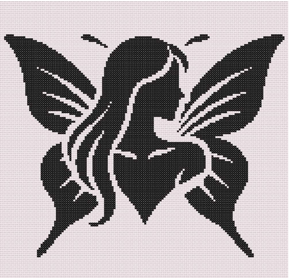 Black silhouette of a butterfly-winged woman seated gracefully with flowing hair and delicate posture, stitched in bold black on light fabric.
