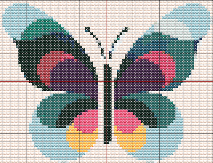Colorful abstract butterfly in geometric shapes, stitched in bright floss shades on light fabric. Free cross stitch pattern for beginners.