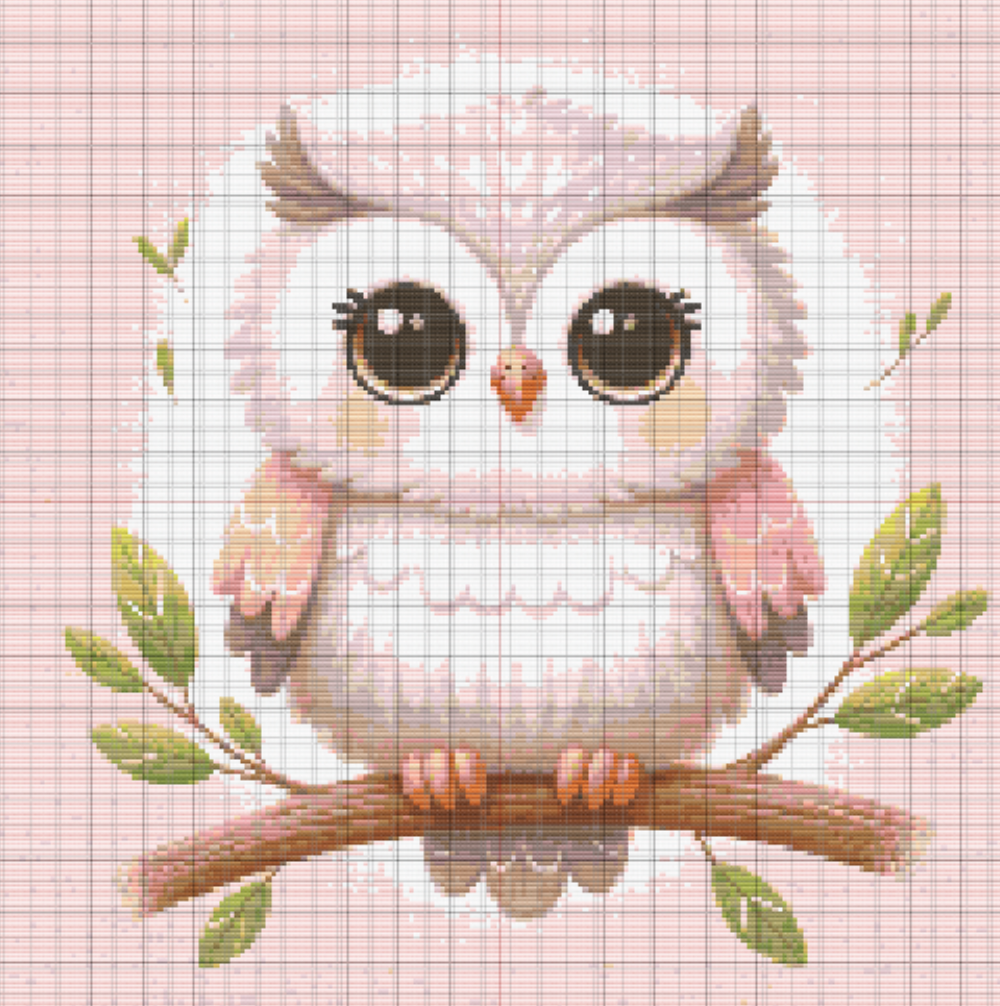 Free cross stitch pattern of a fluffy baby owl with heart motifs, big eyes, and soft pastel feathers perched on a branch with a pink background.
