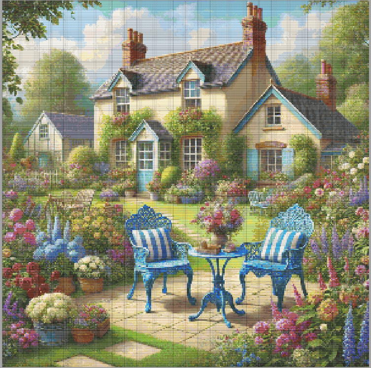 Cross stitch pattern of an English garden with a thatched cottage, wrought-iron patio furniture, and colorful blooming flowers.