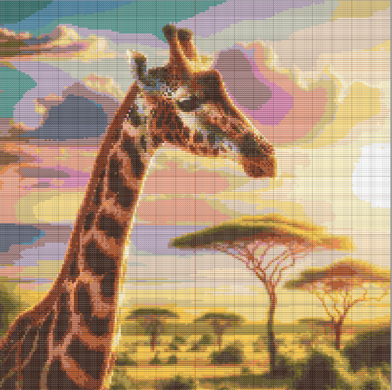 Giraffe cross stitch pattern with sunset background and savanna scenery in warm tones.