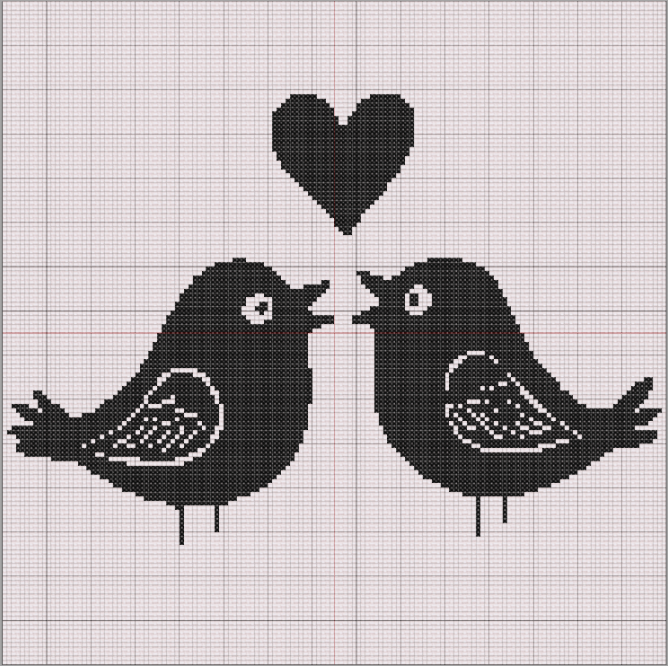Two lovebirds in silhouette facing each other with a floating heart above. Minimalist blackwork cross stitch pattern. 150 x 150 stitches.
