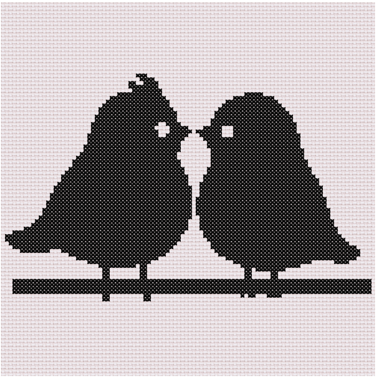 Silhouette of two lovebirds perched on a branch, beak to beak, in black thread on light background. Cross stitch pattern 100 x 100 stitches.