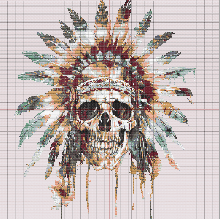 Highly detailed skull cross stitch pattern with tribal feather headdress in watercolor style, featuring bold colors and shadow effects.