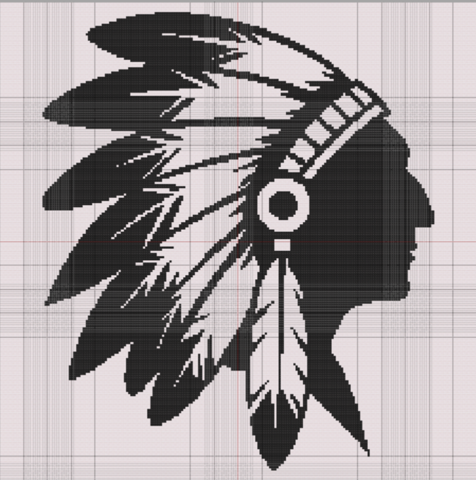 Black-and-white cross stitch profile of Native American chief with detailed feathered headdress and strong graphic contrast.