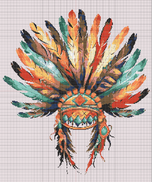 A vibrant free cross stitch design of a Native American feathered headdress featuring bold colors, detailed feathers, and cultural beadwork.