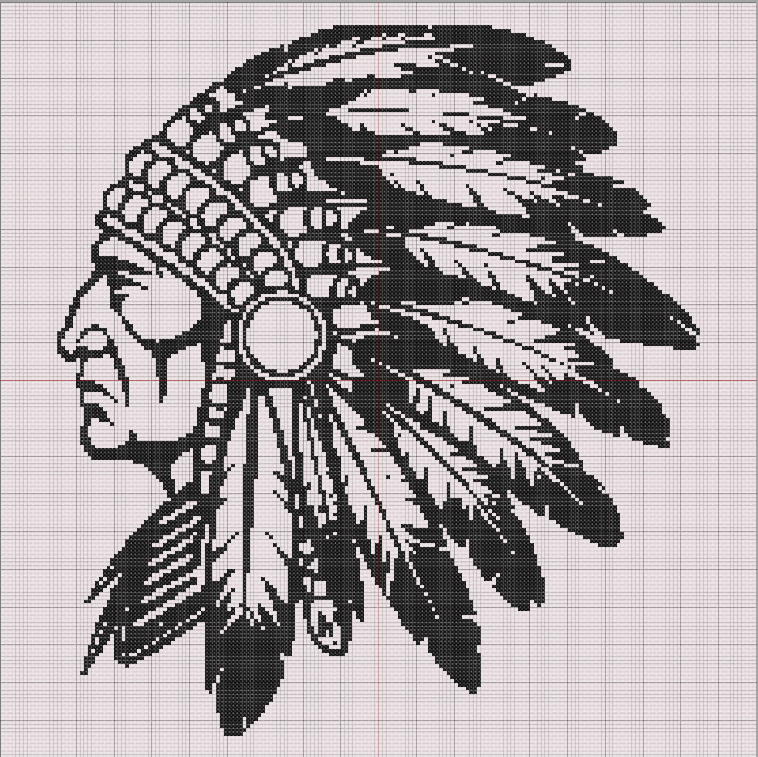 Blackwork cross stitch pattern of Native American elder wearing a detailed feathered headdress, featuring expressive facial lines and tribal details.