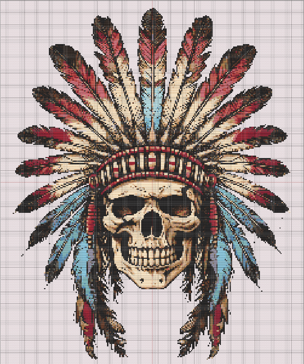 Free cross stitch pattern of a Native American warrior skull with feathered headdress, detailed feathers, and tribal headband.