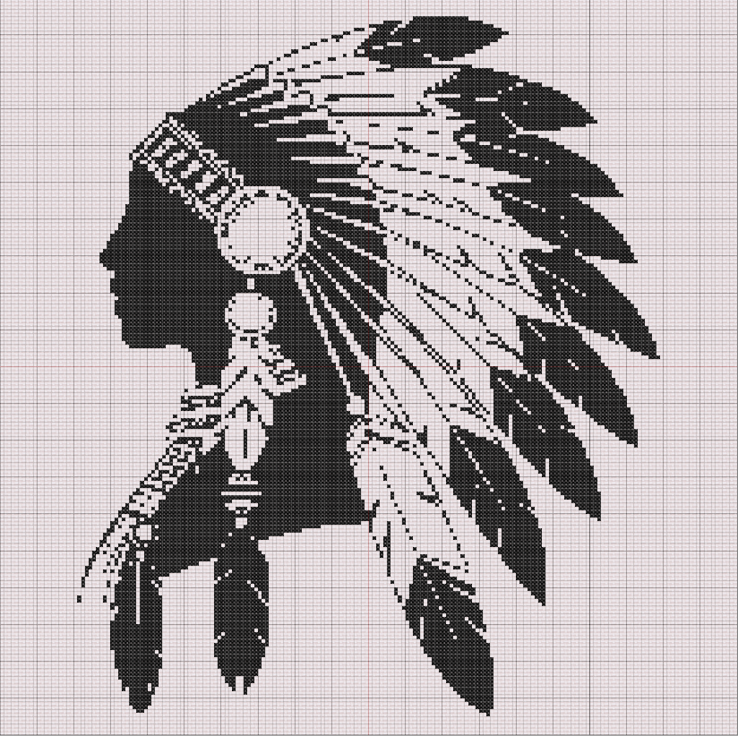 Black silhouette cross stitch pattern of Native American woman wearing a feathered headdress with symbolic accessories and tribal jewelry.