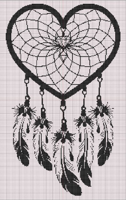 Silhouette cross stitch pattern of a heart-shaped dreamcatcher with webbing and five feathers, stitched in black thread for bold contrast.