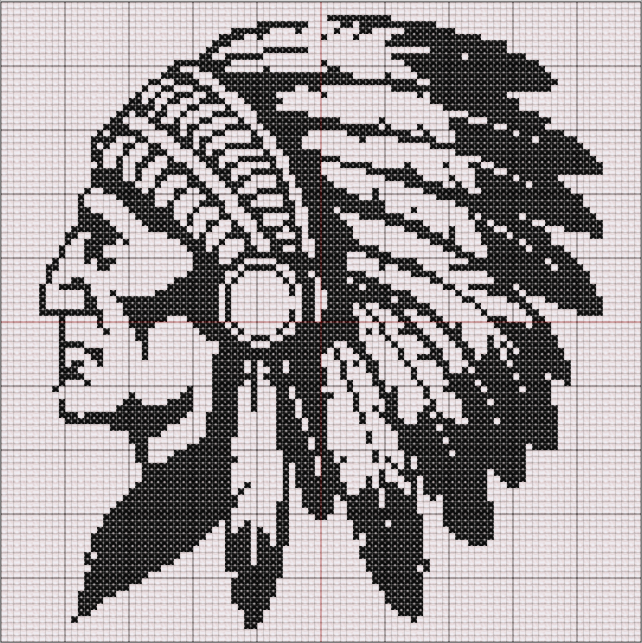 Monochrome silhouette cross stitch pattern of a Native American elder with feathered headdress and strong facial features.